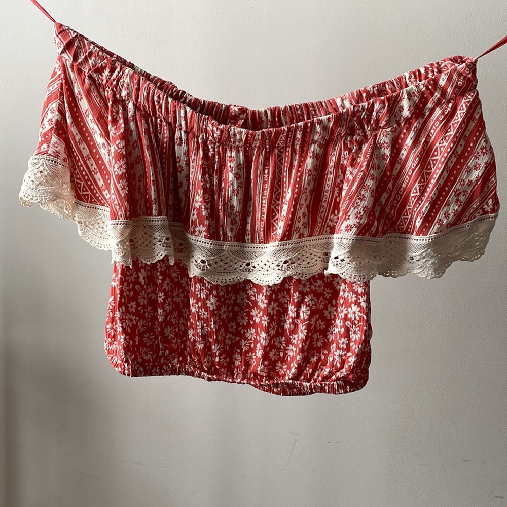 Lost & Wander Red And White Floral Ruffle Country Off The Shoulder Top- Medium